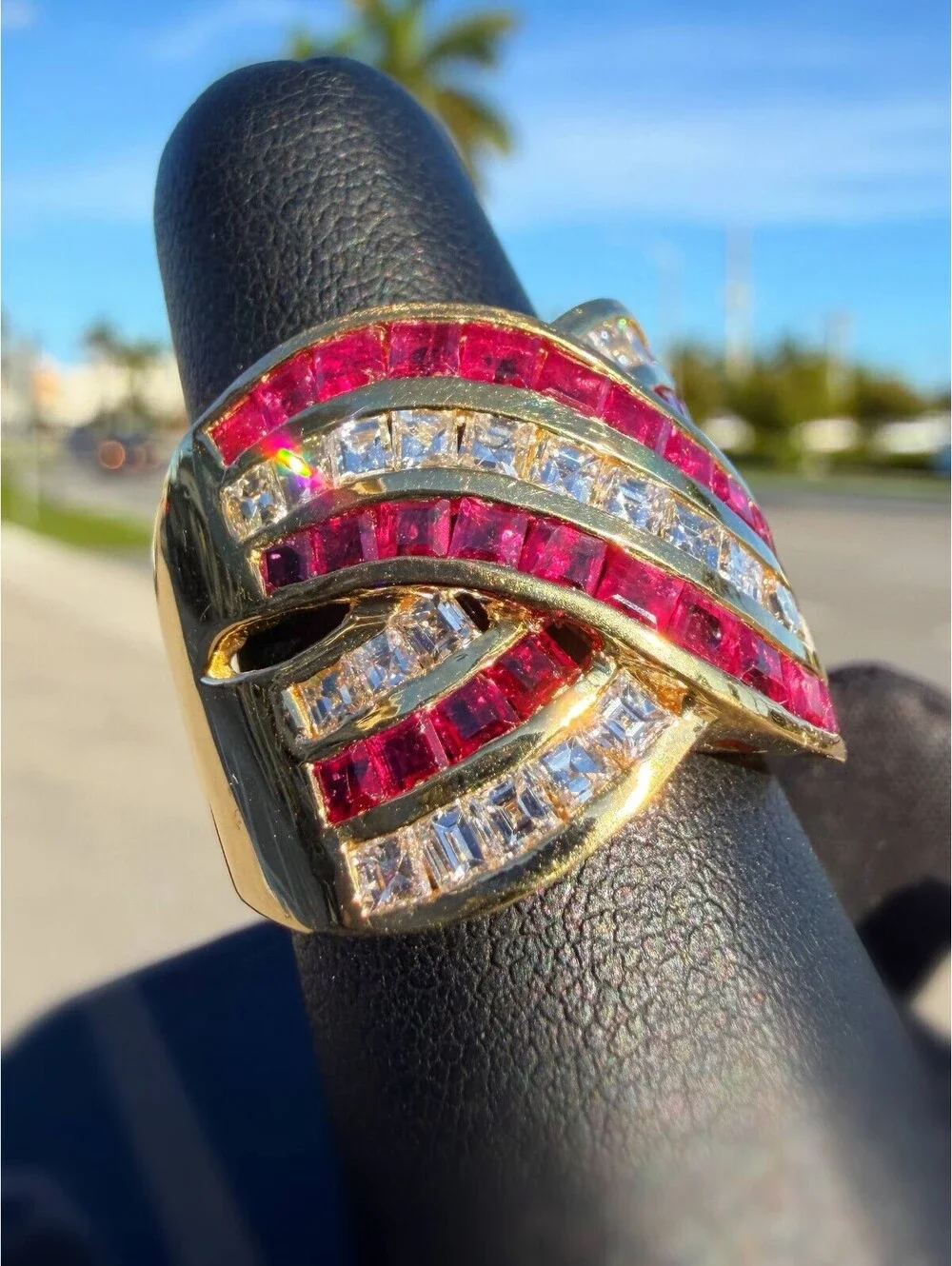 18k Yellow Gold Princess Cut Natural Diamond Ruby Crossover Cocktail Ring Sz 8